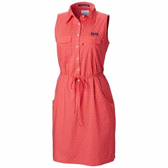 NWT New Womens Columbia Pink Blue Dot Dress PFG M Slits Pockets Cotton Rod Logo - Picture 2 of 8